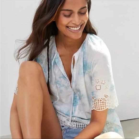 ANTHROPOLOGIE Olivia Embroidered Tie-Dye Blouse Top New NWT Size XS blue white - Picture 2 of 10